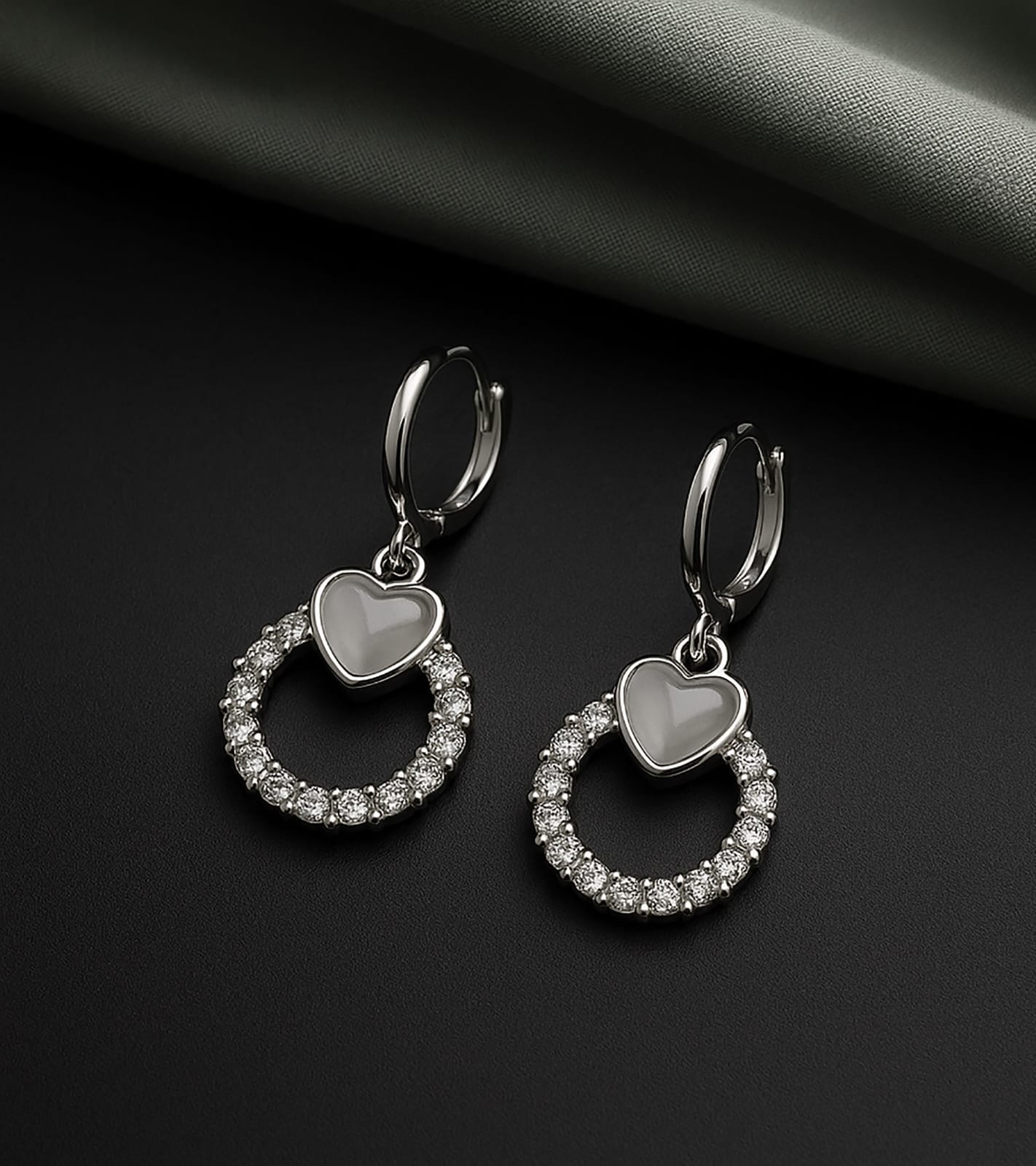 stylish heart shape crystal drop earrings for girls & women | silver finish circular dangle earrings