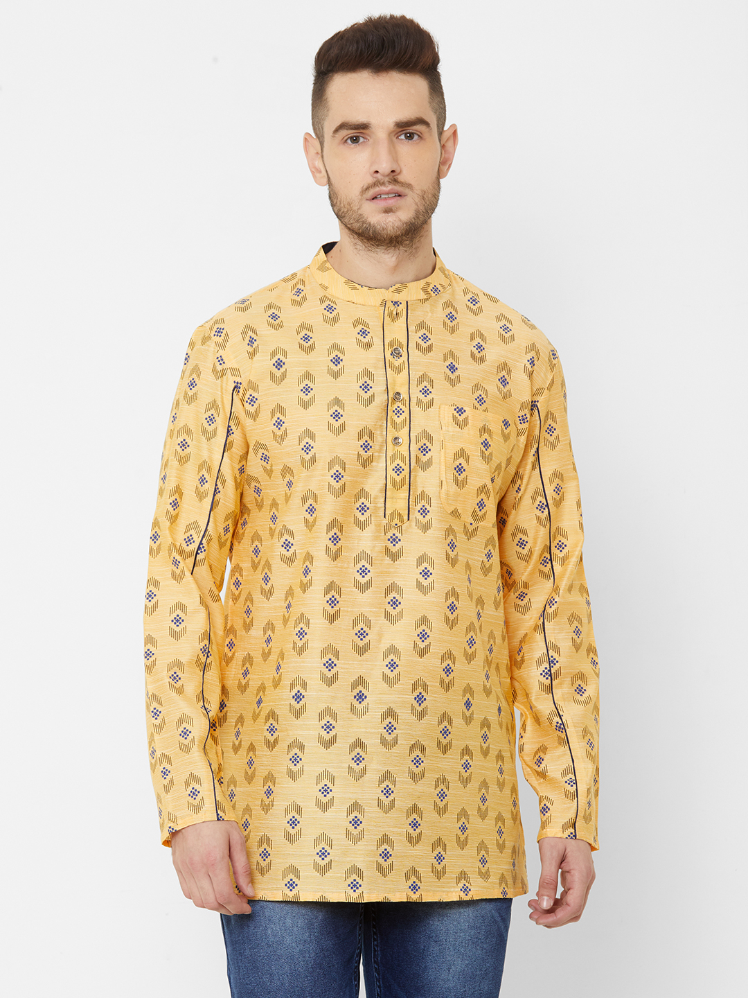mens cotton yellow short kurta