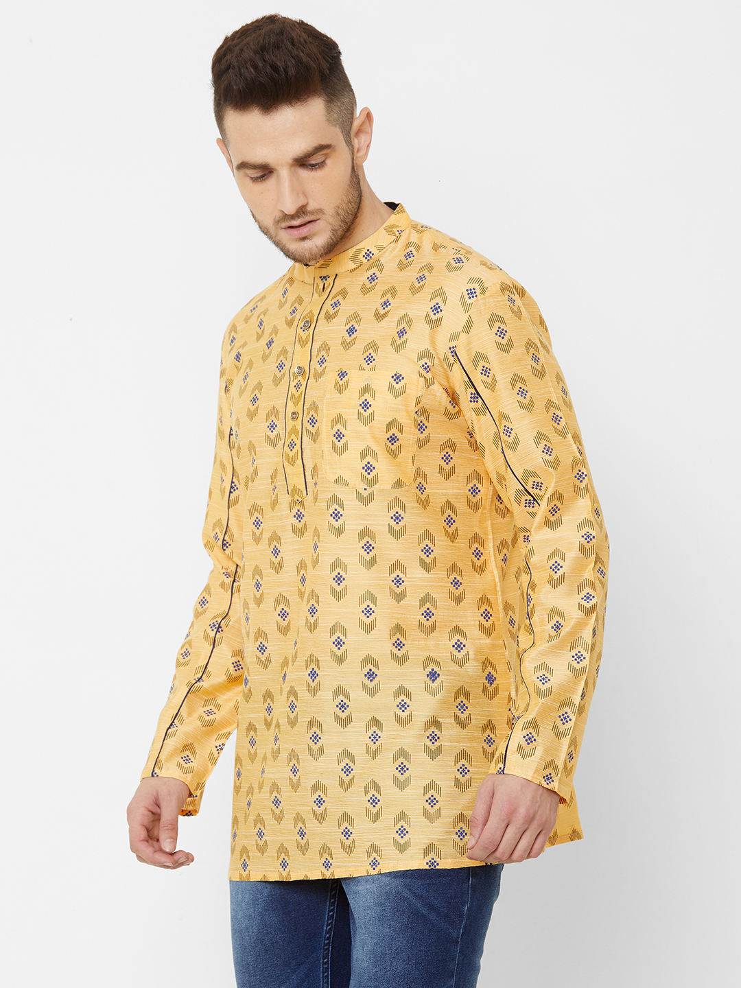 mens cotton yellow short kurta