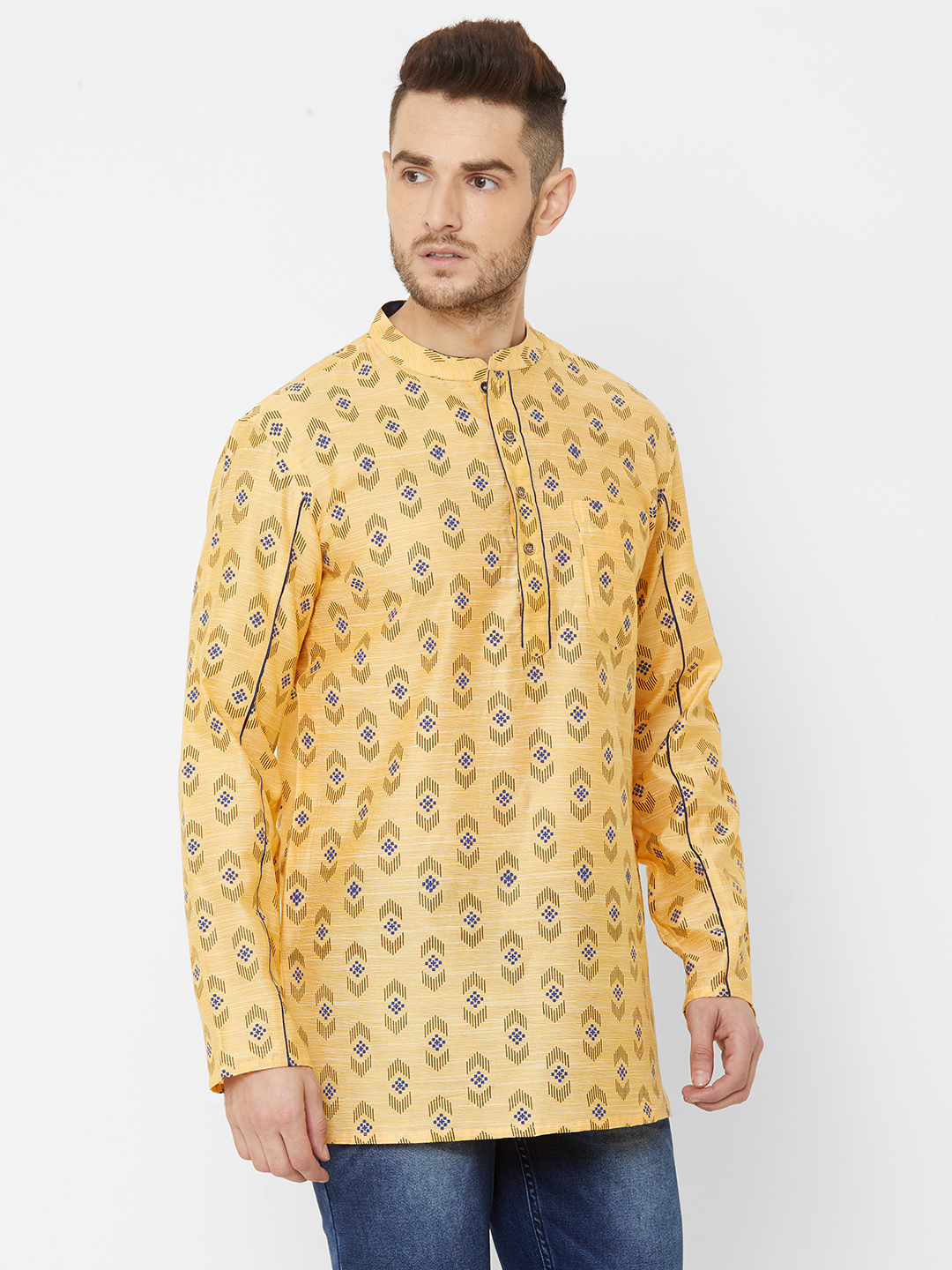 mens cotton yellow short kurta