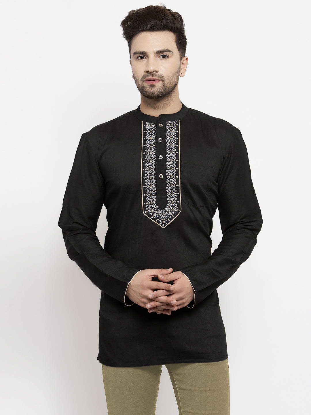 mens cotton silk black short kurta