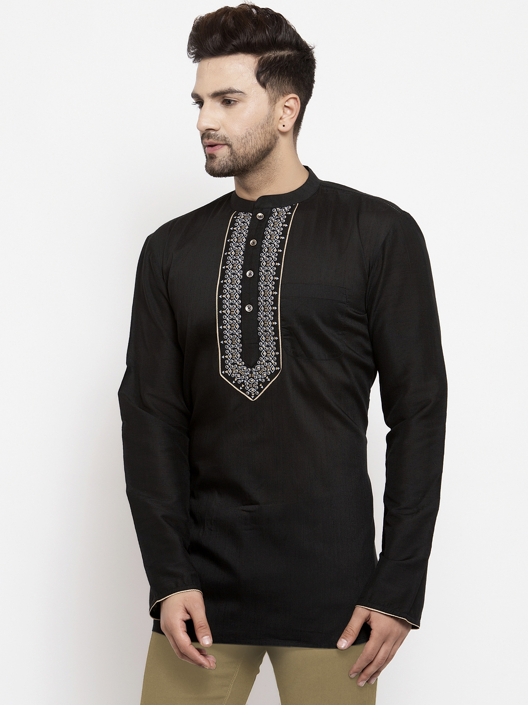 mens cotton silk black short kurta