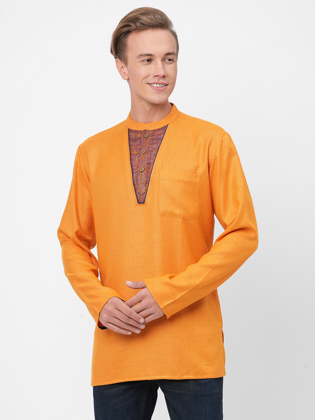 mens poly cotton golden short kurta