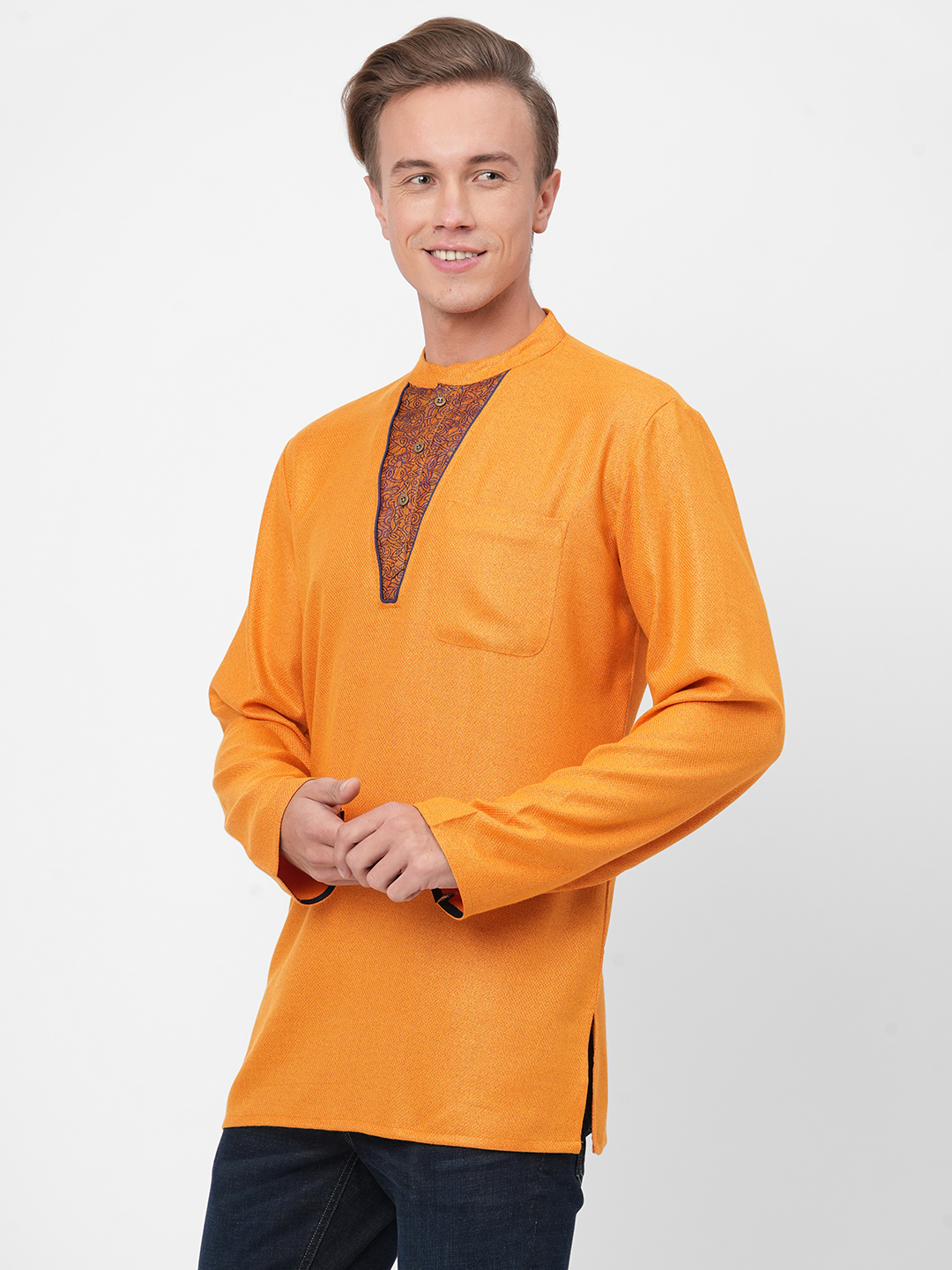 mens poly cotton golden short kurta
