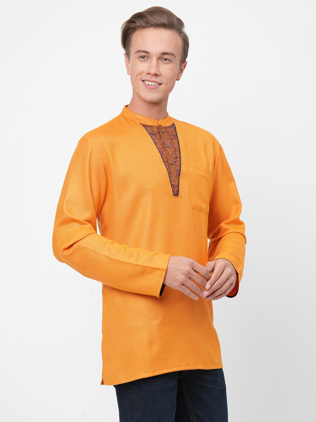 mens poly cotton golden short kurta