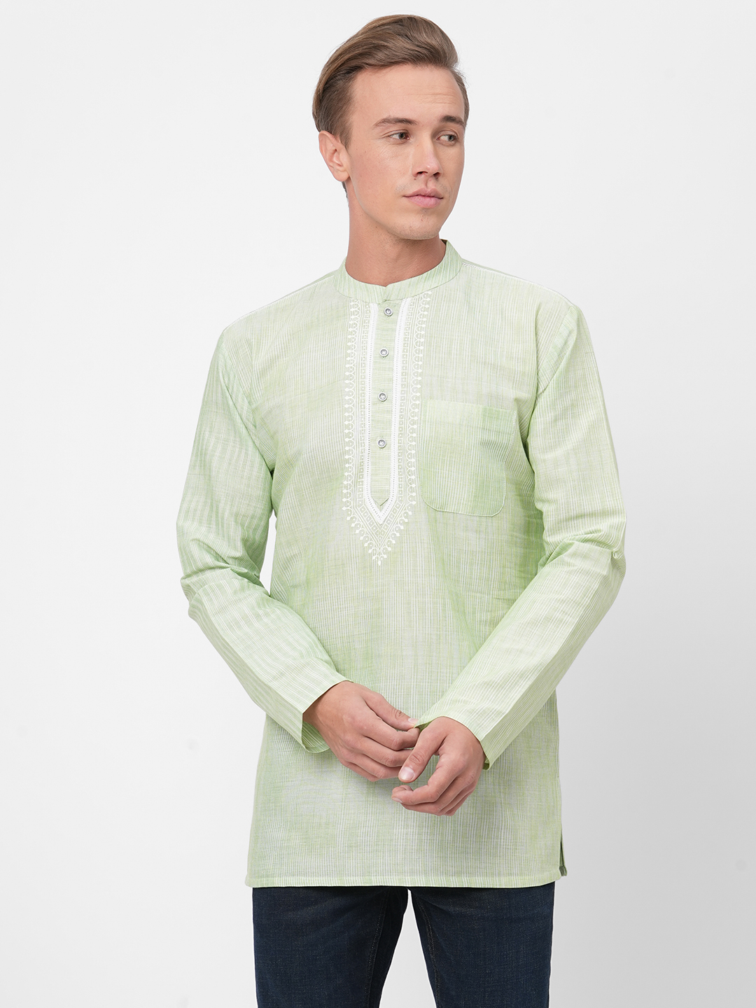 mens poly cotton green short kurta
