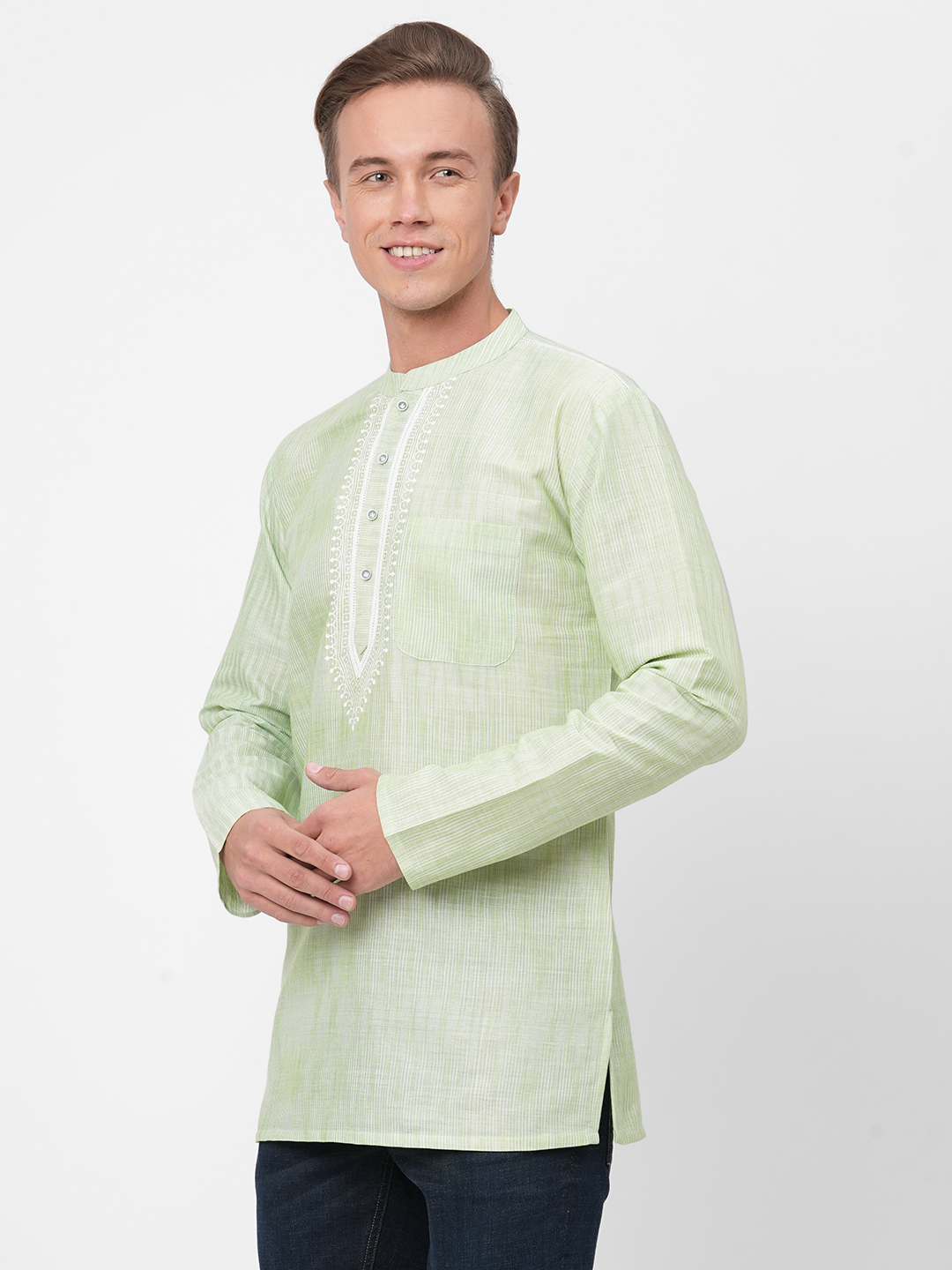 mens poly cotton green short kurta