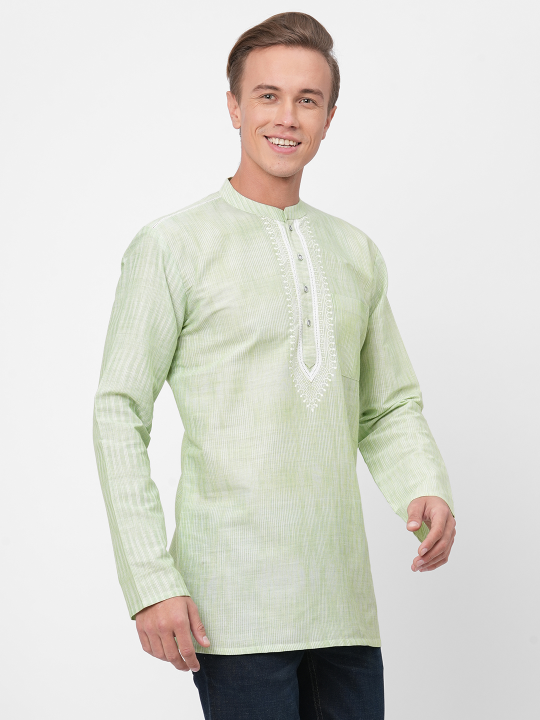 mens poly cotton green short kurta