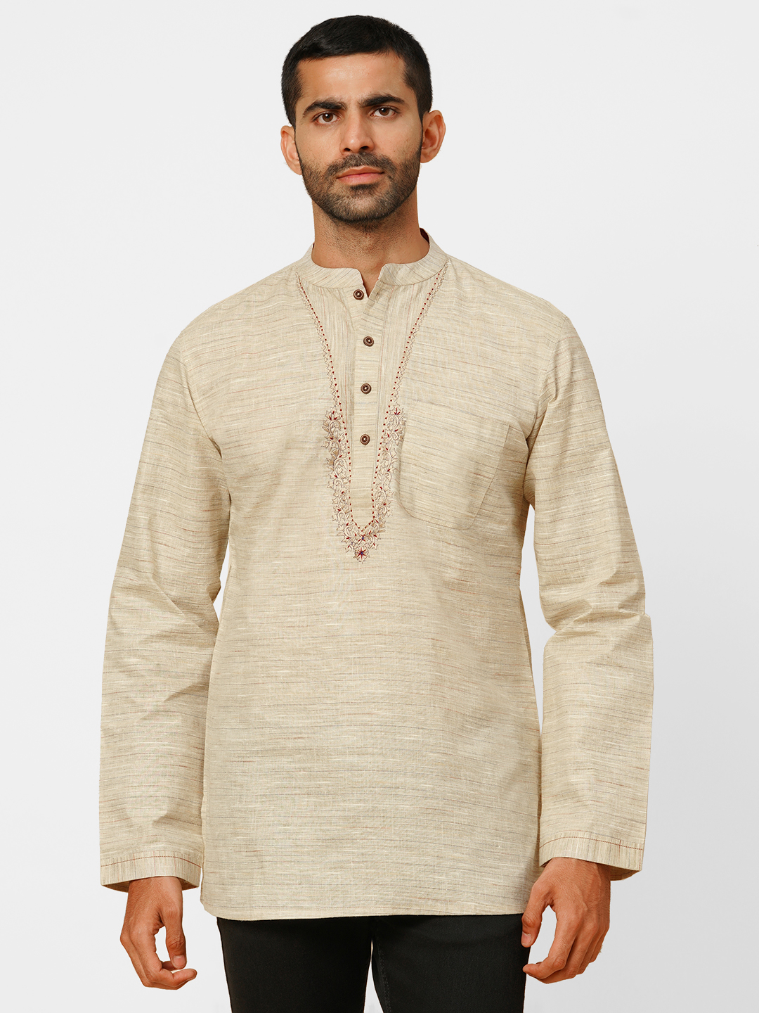 mens poly cotton beige short kurta