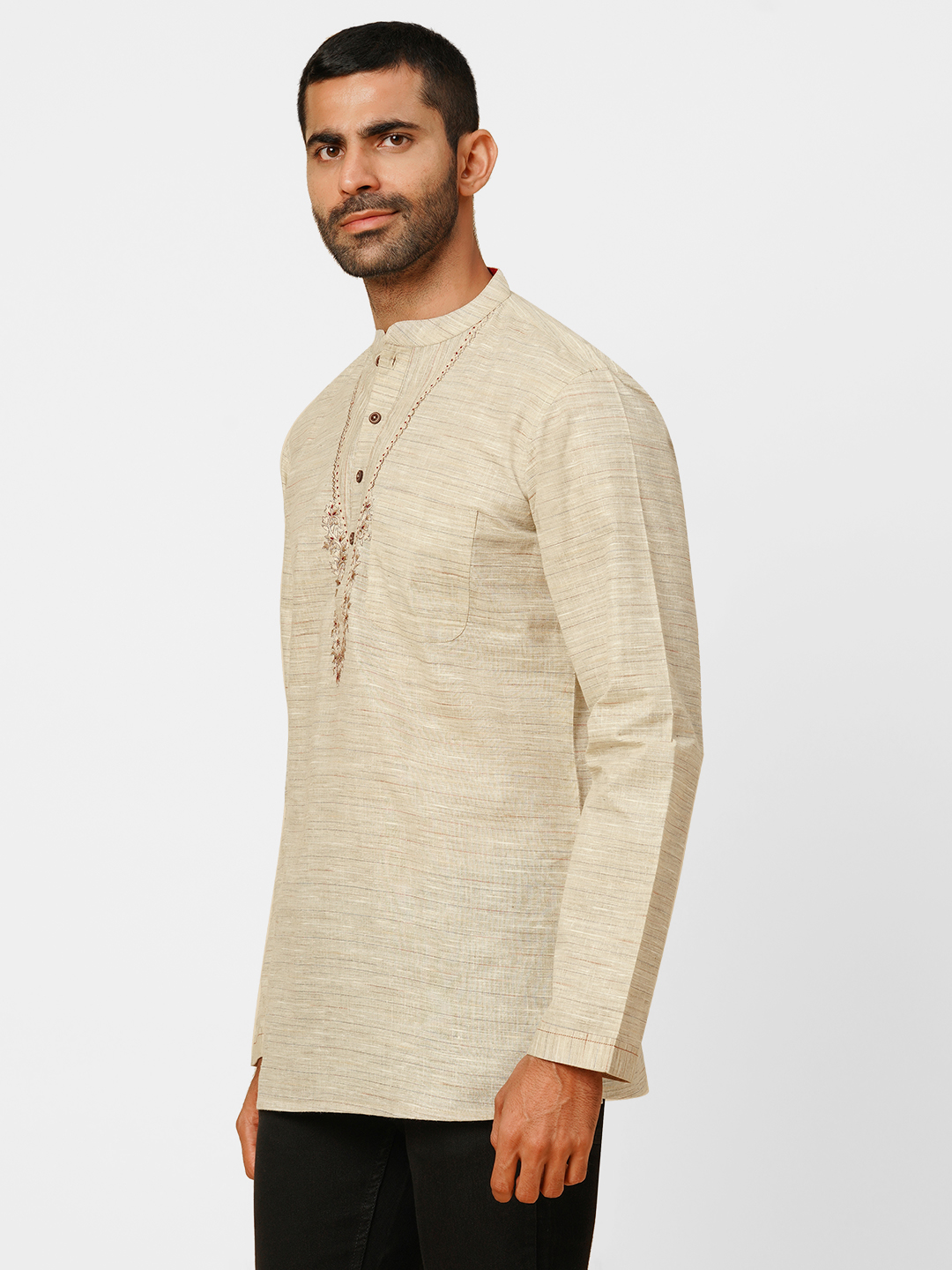 mens poly cotton beige short kurta