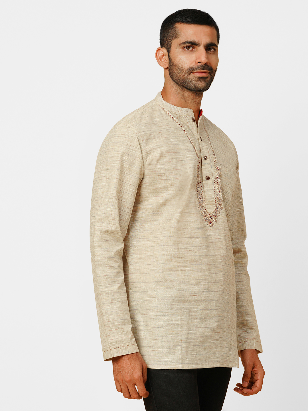 mens poly cotton beige short kurta