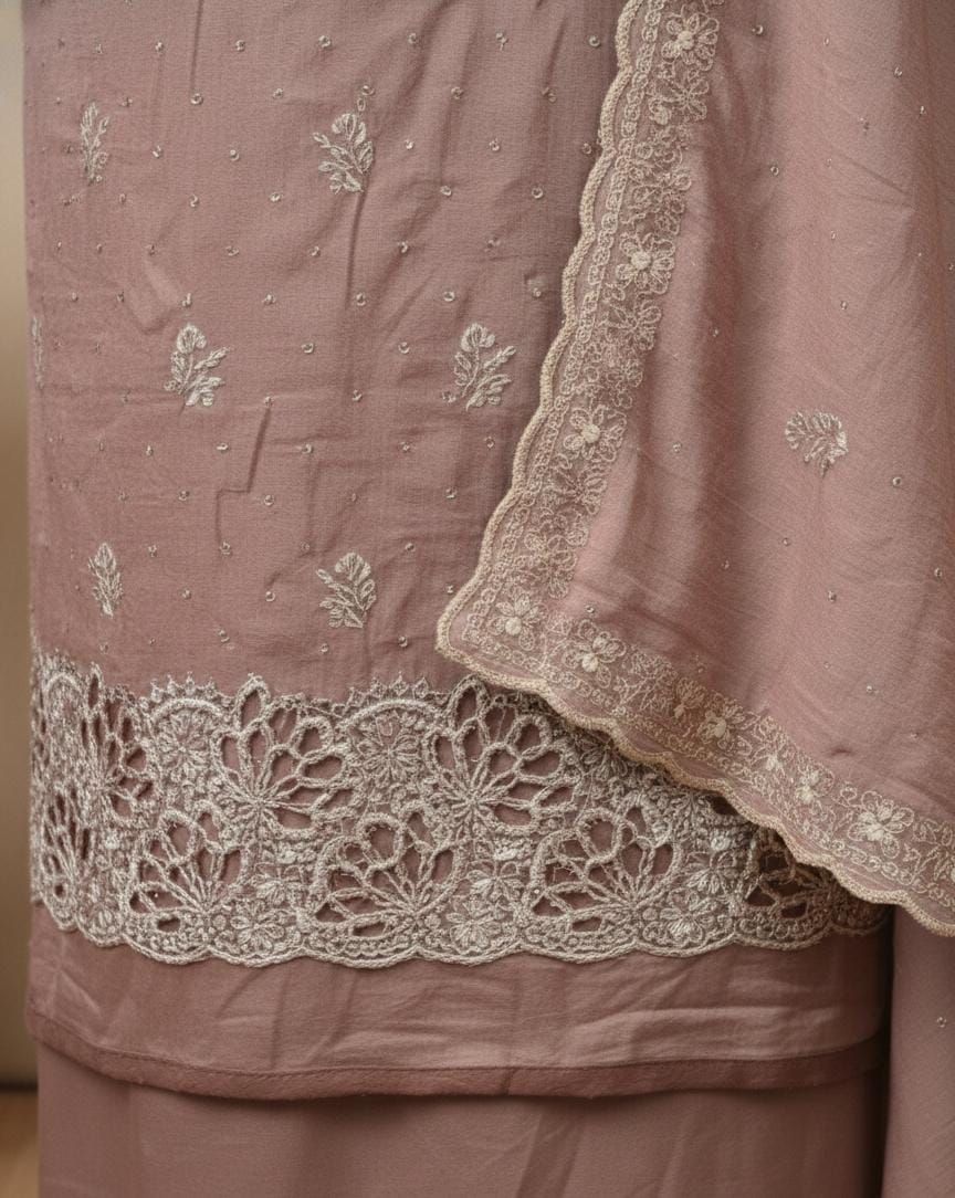 radha fashion dress material silky cruah vichitra neck line  embroidery cut work daman bottom   santoon  inner santoon | baby pink