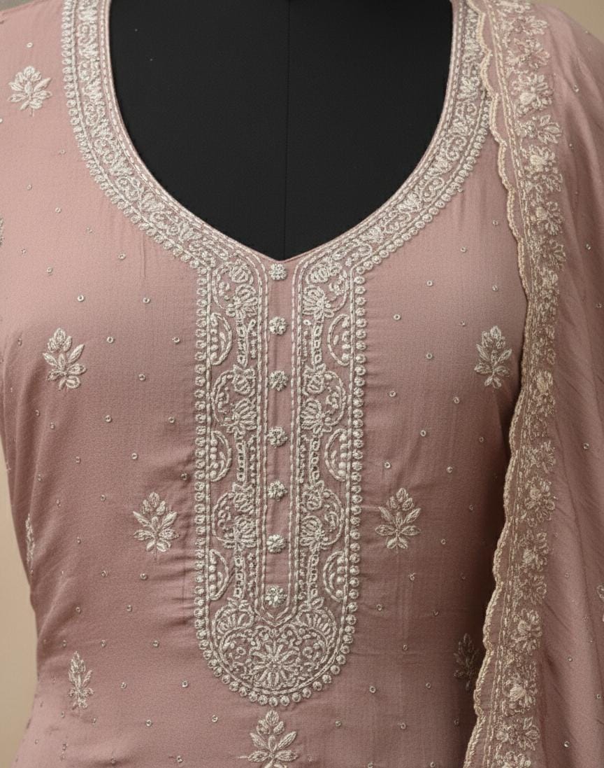 radha fashion dress material silky cruah vichitra neck line  embroidery cut work daman bottom   santoon  inner santoon | baby pink