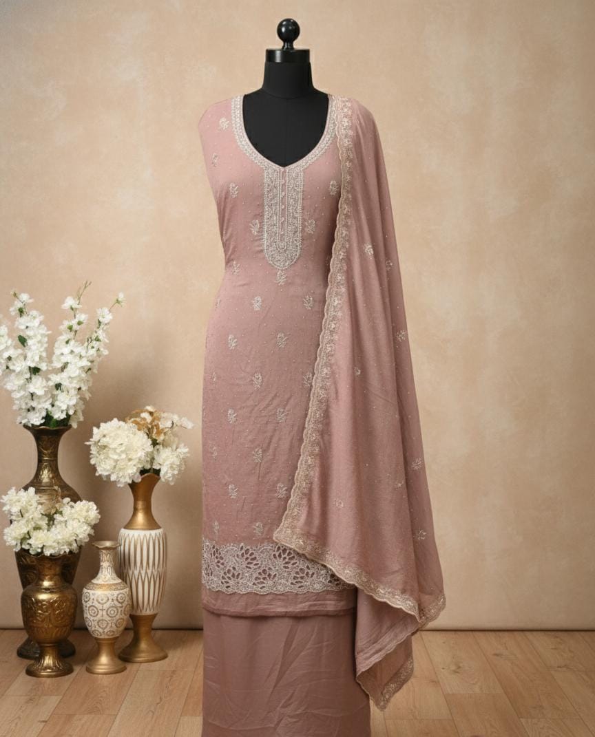 radha fashion dress material silky cruah vichitra neck line  embroidery cut work daman bottom   santoon  inner santoon | baby pink
