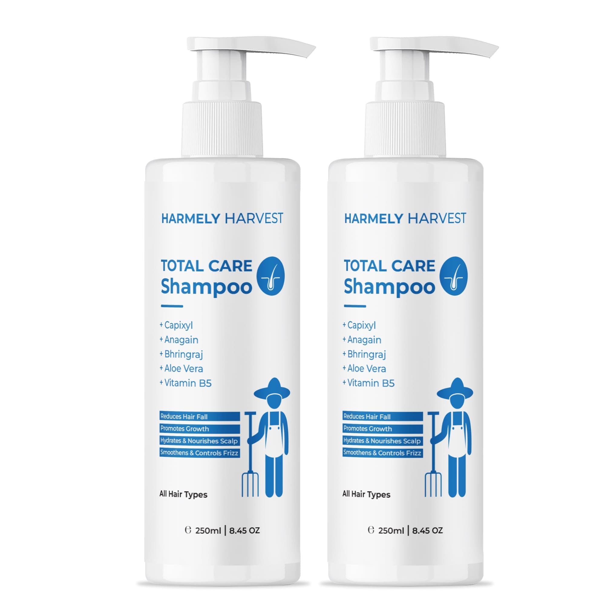 harmely harvest total care shampoo for hair fall control | with capixyl, anagain, bhringraj, aloe vera & vitamin b5 | nourishes scalp, controls frizz | sulphate & silicone free | all hair types | women & men | 250 ml (pack of 2)