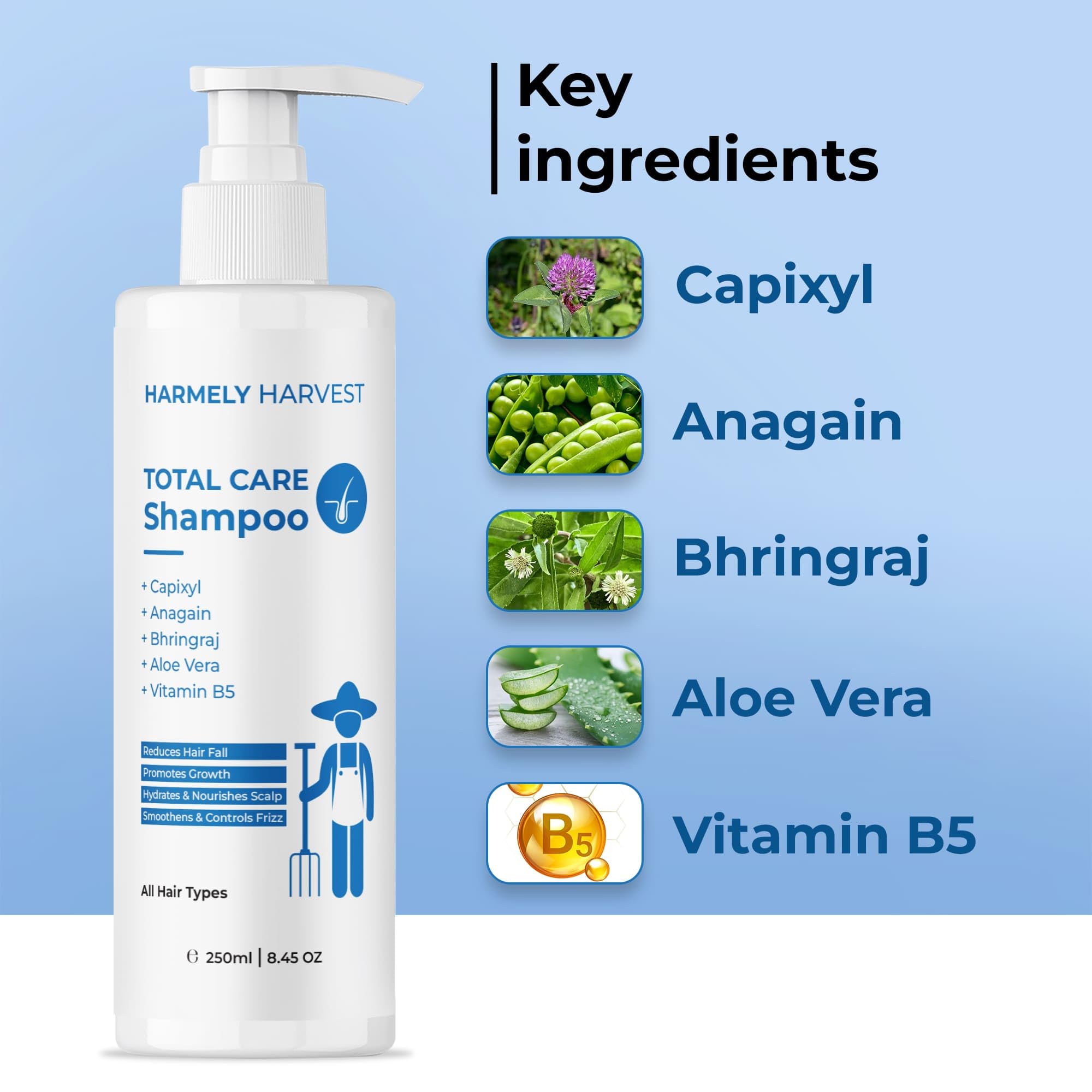 harmely harvest total care shampoo for hair fall control | with capixyl, anagain, bhringraj, aloe vera & vitamin b5 | nourishes scalp, controls frizz | sulphate & silicone free | all hair types | women & men | 250 ml (pack of 2)