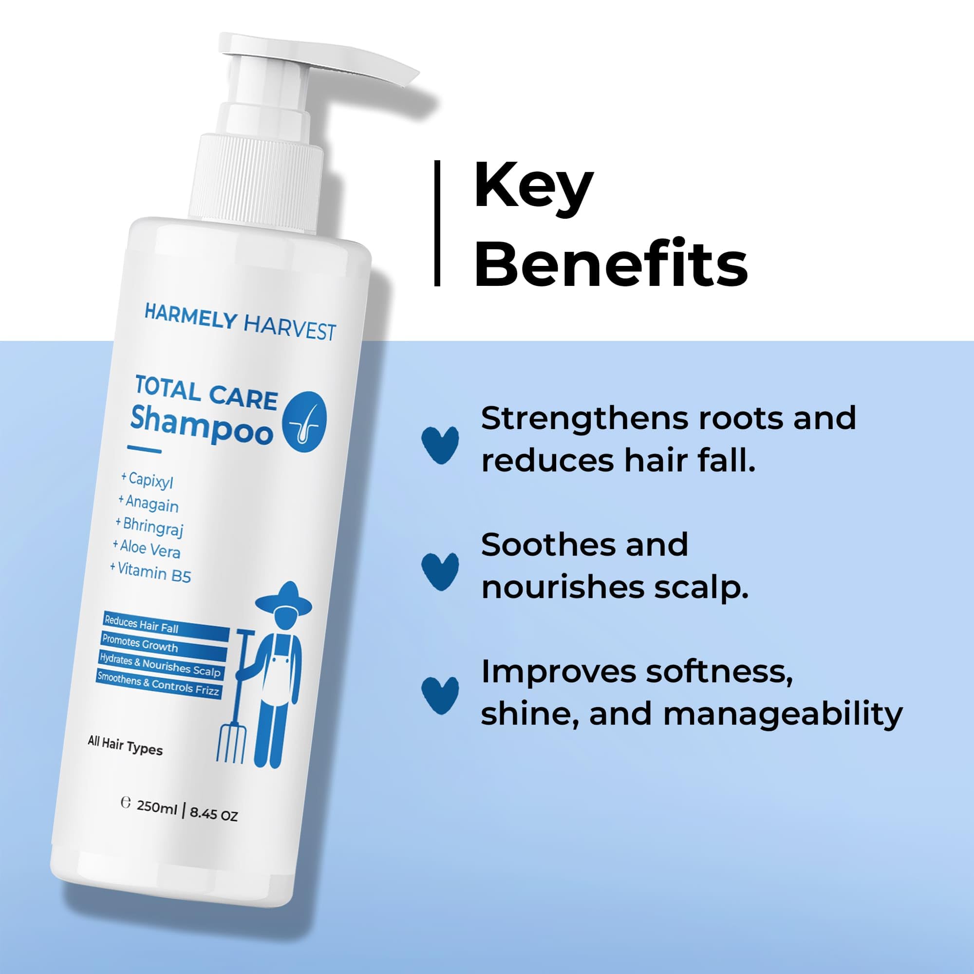 harmely harvest total care shampoo for hair fall control | with capixyl, anagain, bhringraj, aloe vera & vitamin b5 | nourishes scalp, controls frizz | sulphate & silicone free | all hair types | women & men | 250 ml (pack of 2)