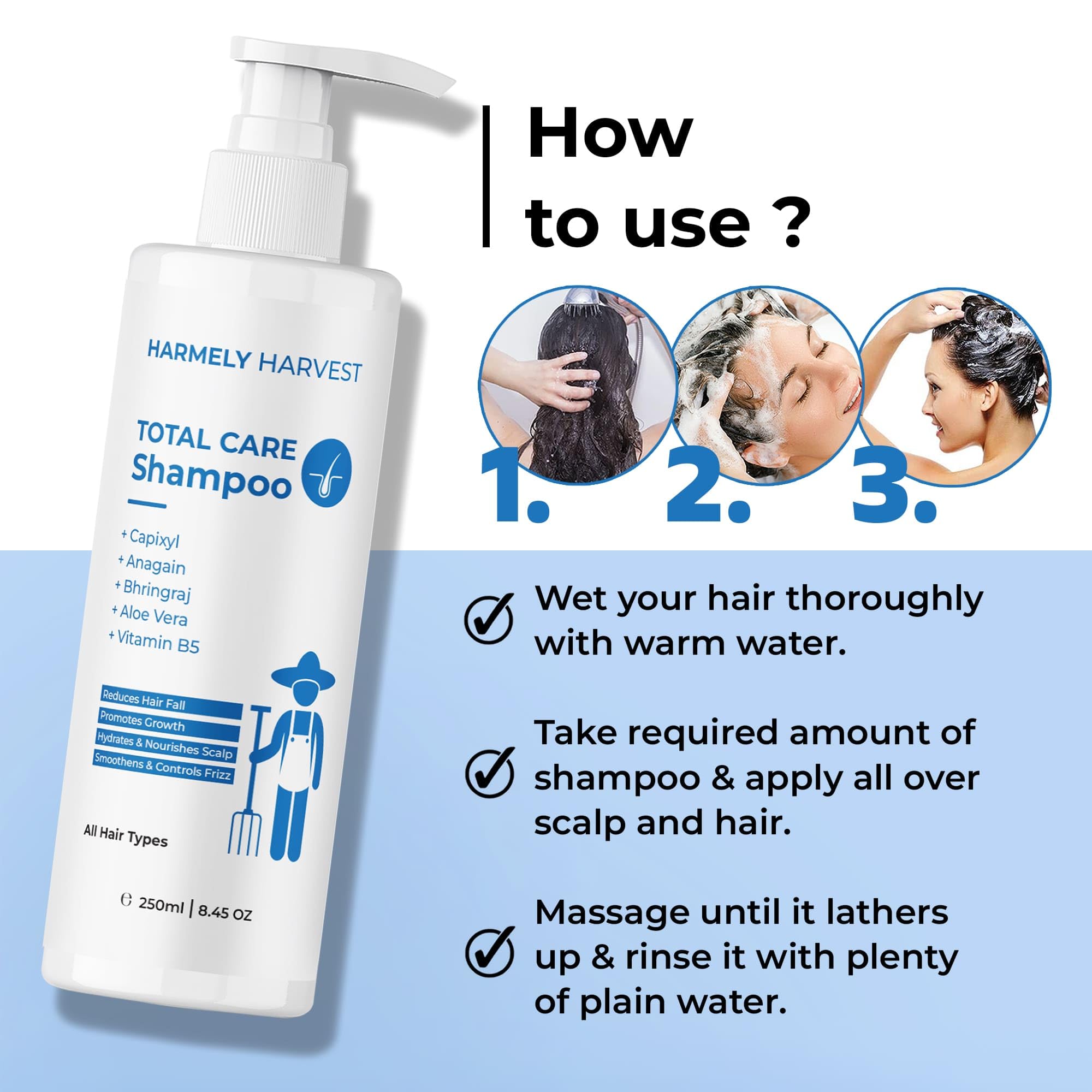 harmely harvest total care shampoo for hair fall control | with capixyl, anagain, bhringraj, aloe vera & vitamin b5 | nourishes scalp, controls frizz | sulphate & silicone free | all hair types | women & men | 250 ml (pack of 2)