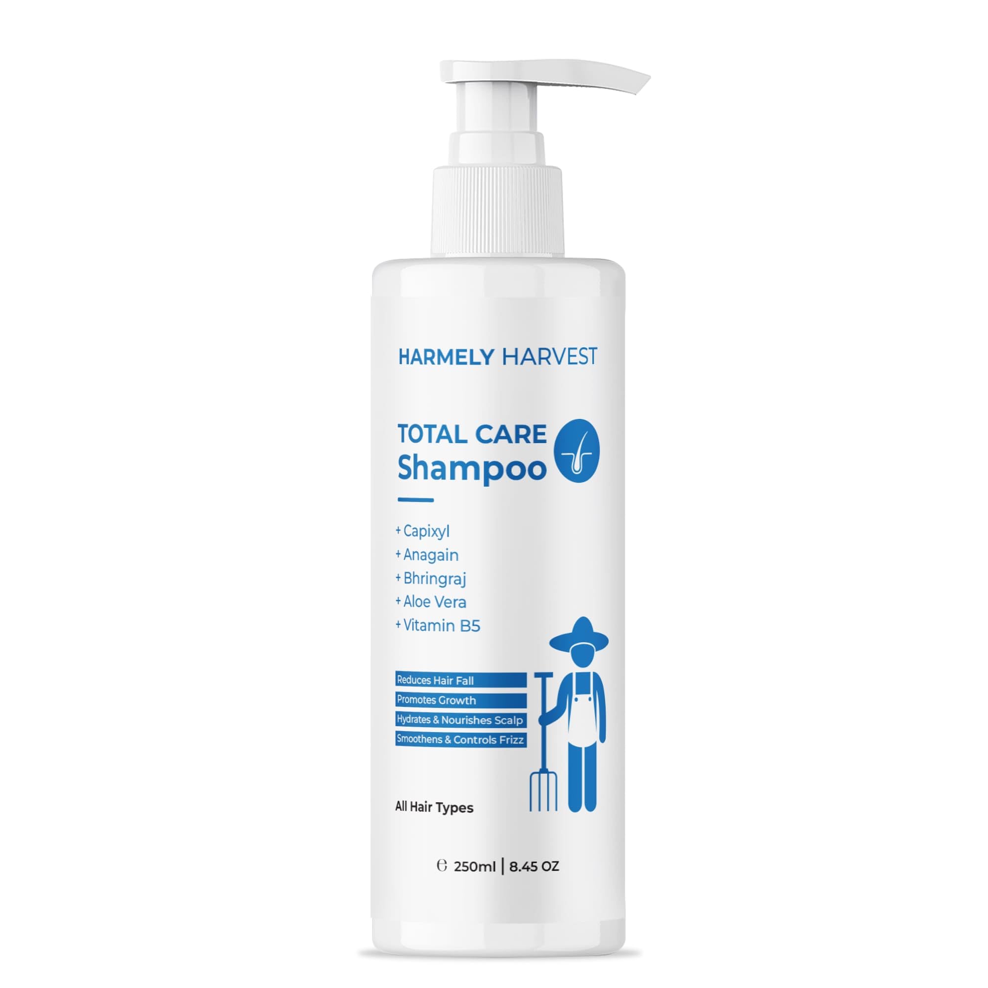 harmely harvest total care shampoo for hair fall control | with capixyl, anagain, bhringraj, aloe vera & vitamin b5 | nourishes scalp, controls frizz | sulphate & silicone free | all hair types | women & men | 250 ml