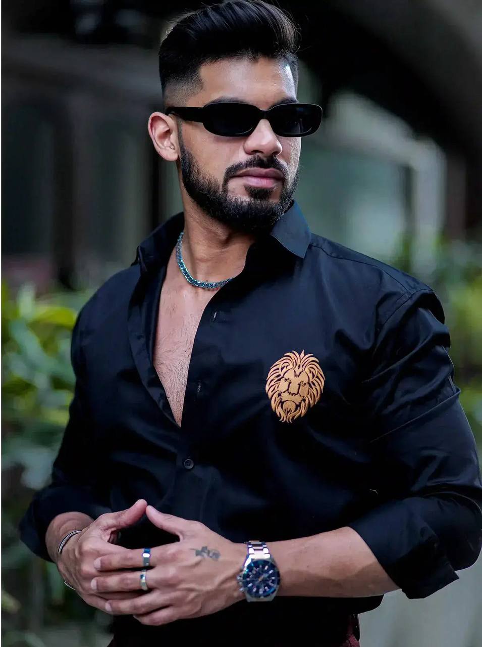 mens navy blue imported satin embrodary shirt