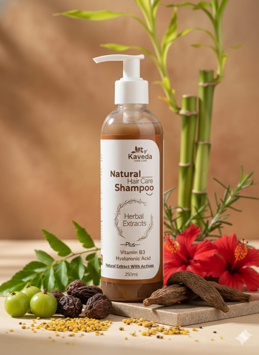 kaveda natural hair care shampoo with herbal extracts, vitamin b3 & hyaluronic acid – nourishing herbal shampoo for strong, healthy & shiny hair – 250ml