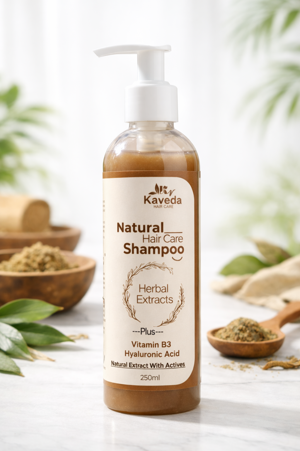 kaveda natural hair care shampoo with herbal extracts, vitamin b3 & hyaluronic acid – nourishing herbal shampoo for strong, healthy & shiny hair – 250ml