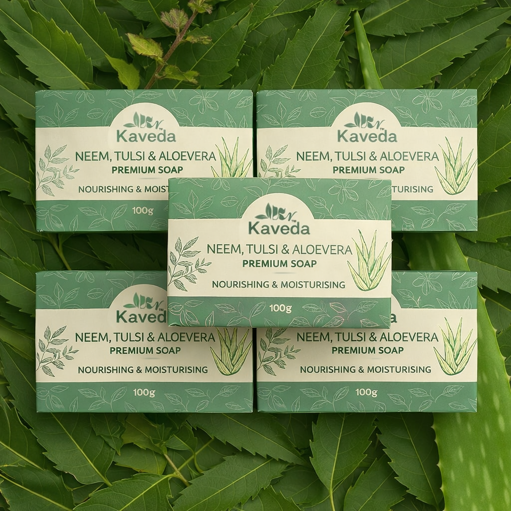 kaveda neem tulsi aloe vera soap – premium herbal bath soap for nourishing & moisturising skin – natural antibacterial soap bar – pack of 5 (100g each)