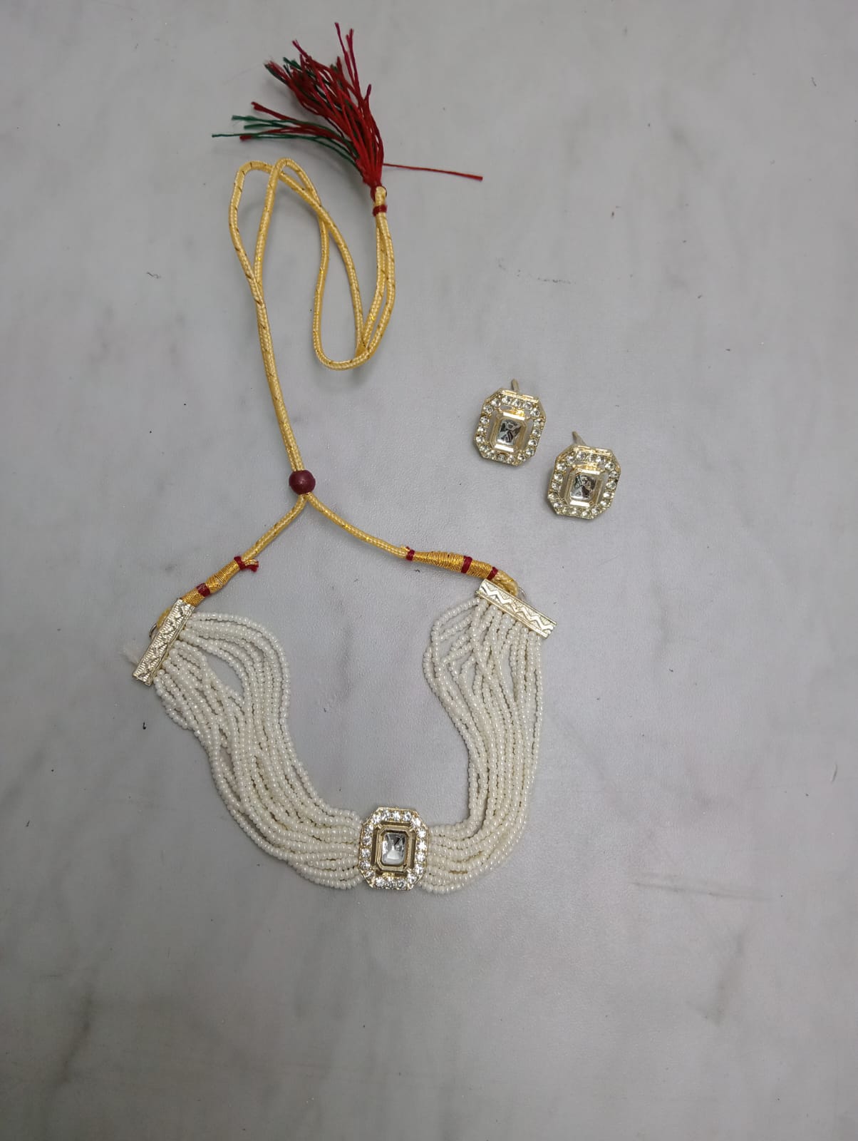 radhe vibe white pearl choker necklace set for women | multi-layer beaded choker with kundan stone pendant & matching stud earrings | bridal, wedding & party wear jewelry