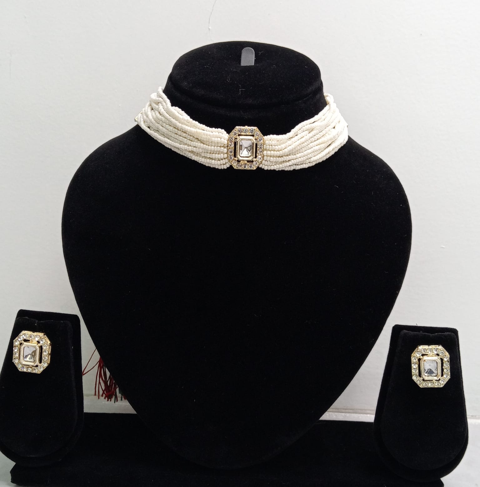 radhe vibe white pearl choker necklace set for women | multi-layer beaded choker with kundan stone pendant & matching stud earrings | bridal, wedding & party wear jewelry