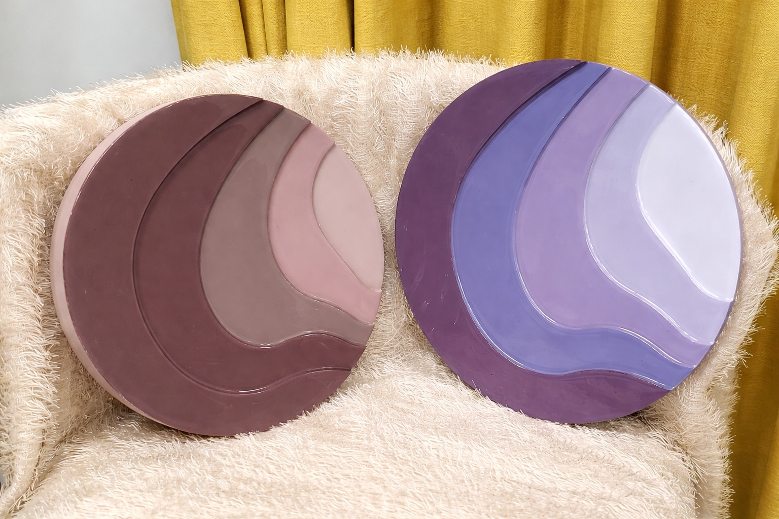 modern resin wall art (set of 2) | round abstract layered design | pastel purple & nude shades | glossy finish decorative wall hanging for living room, bedroom & office