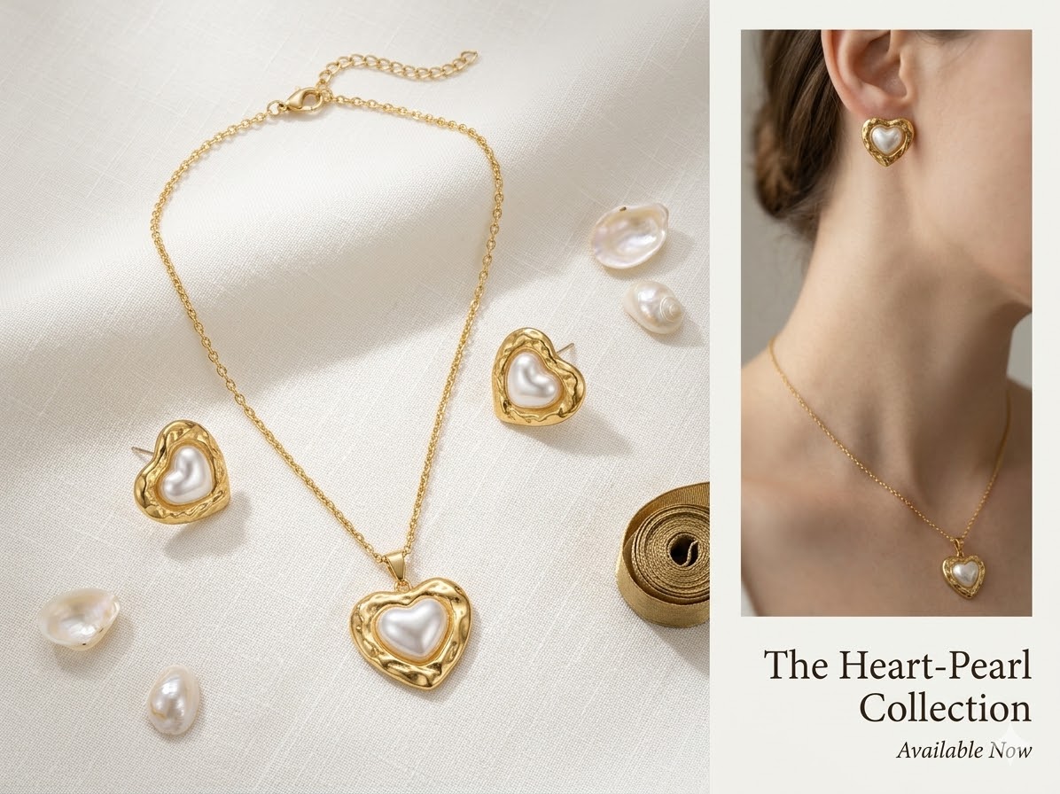 heart-pearl collection - gold-tone necklace and earrings set