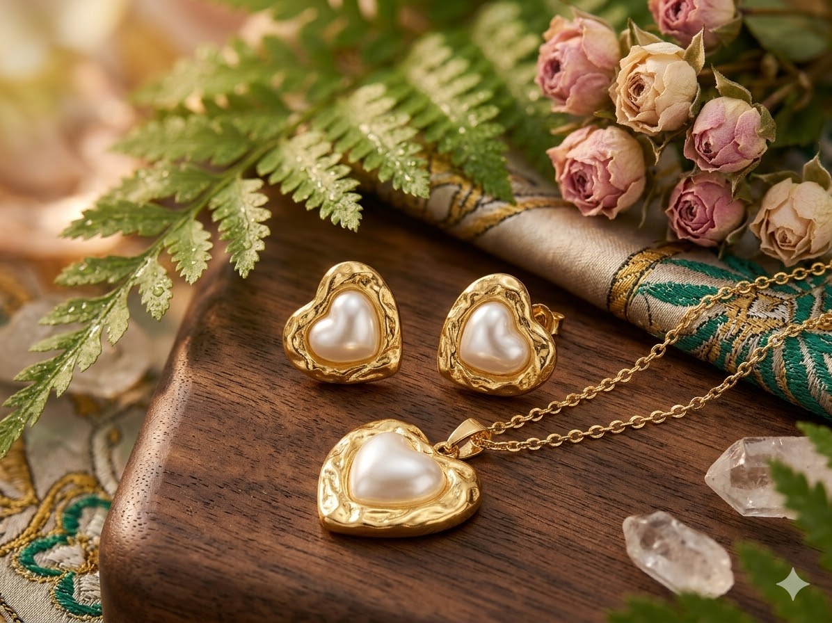 heart-pearl collection - gold-tone necklace and earrings set