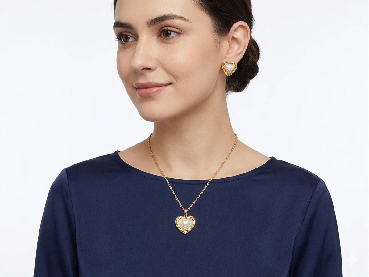 heart-pearl collection - gold-tone necklace and earrings set
