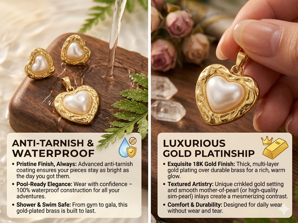 heart-pearl collection - gold-tone necklace and earrings set