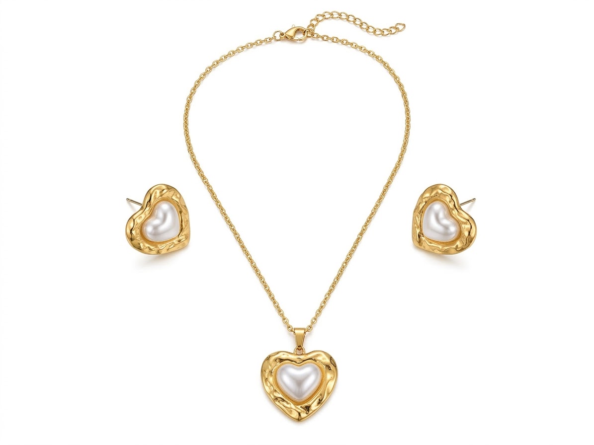 heart-pearl collection - gold-tone necklace and earrings set