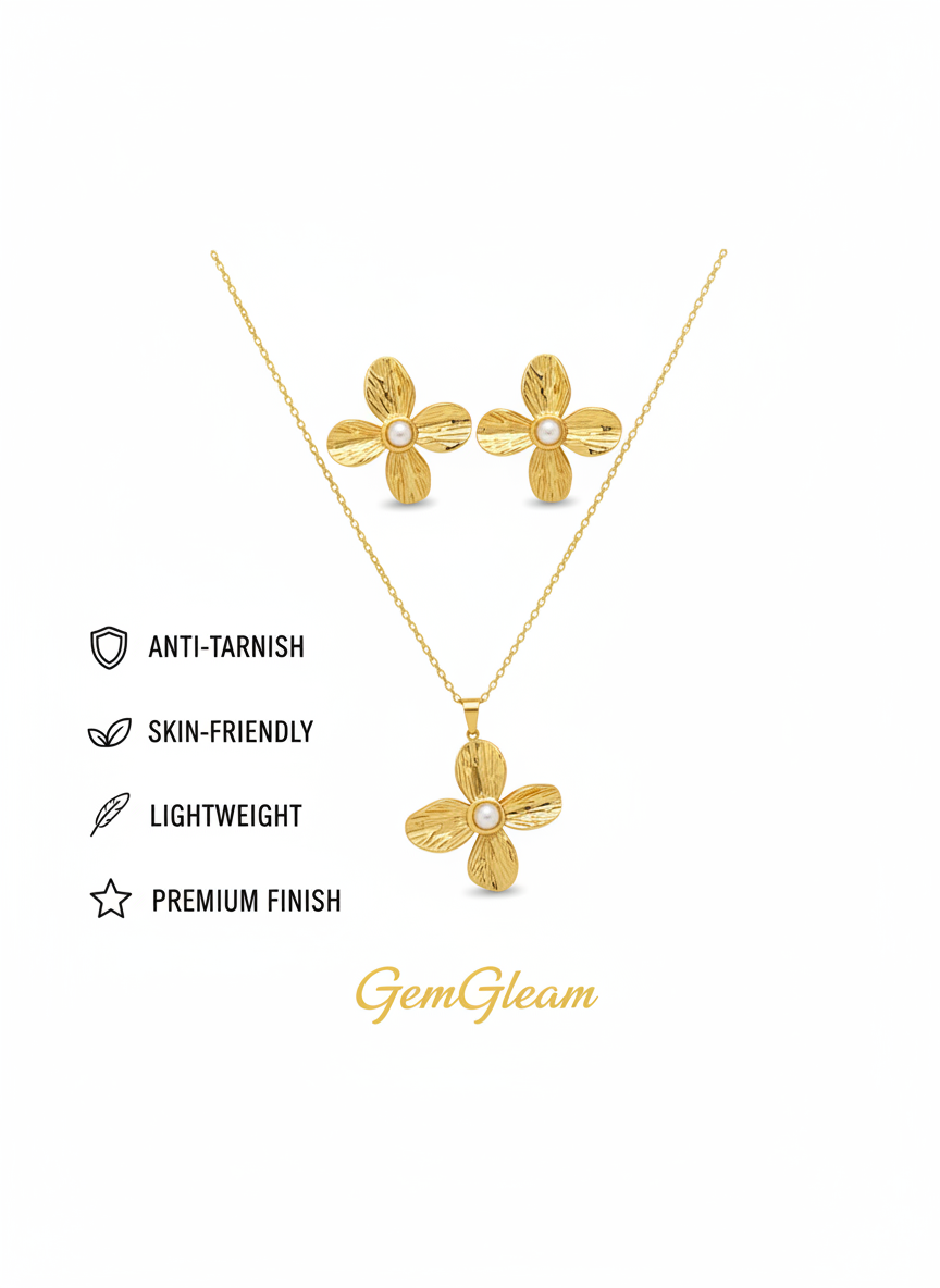 golden flower pearl pendant necklace and earrings jewelry set