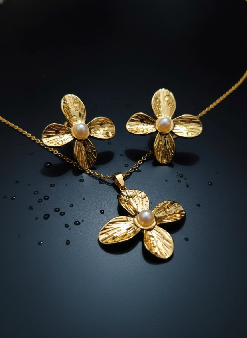 golden flower pearl pendant necklace and earrings jewelry set