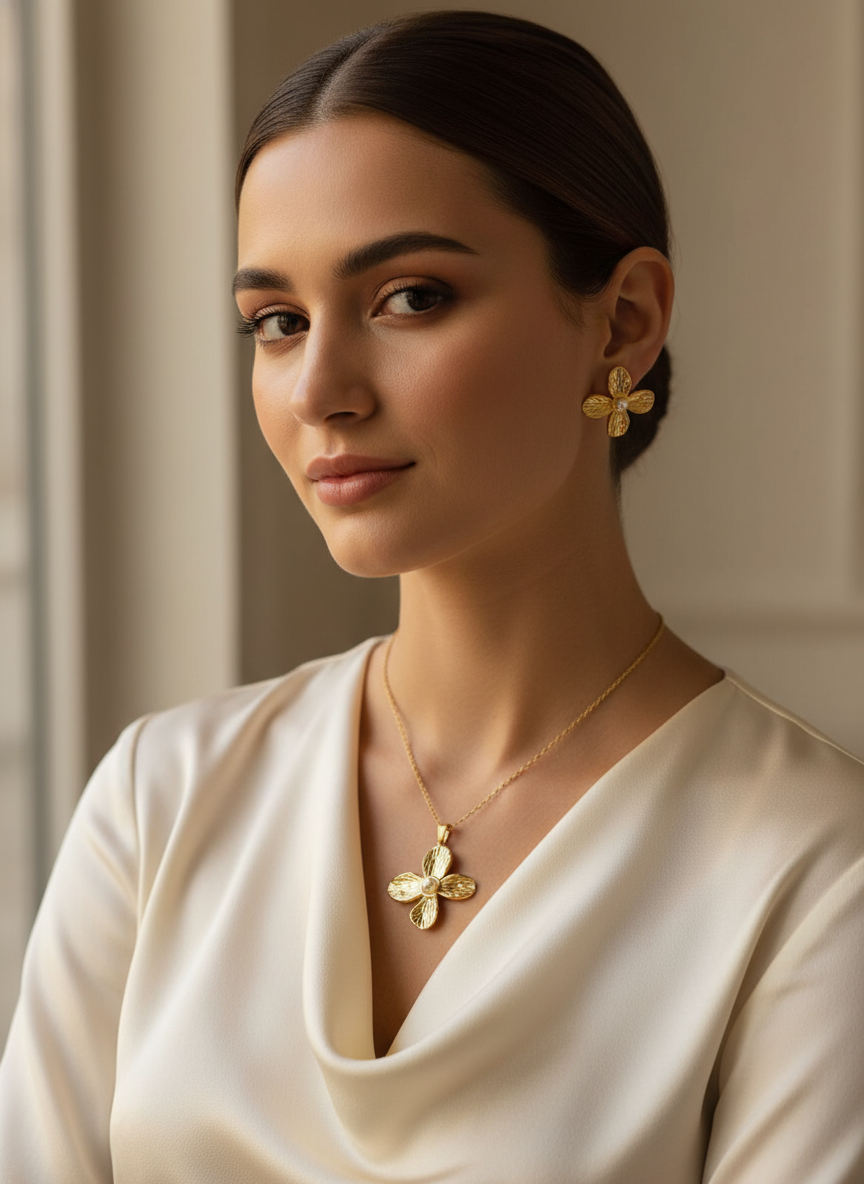 golden flower pearl pendant necklace and earrings jewelry set
