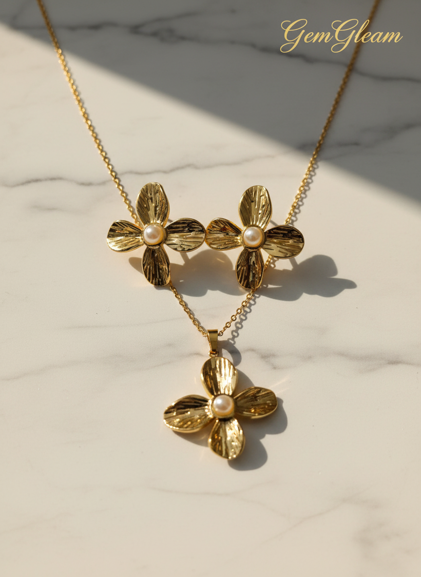 golden flower pearl pendant necklace and earrings jewelry set