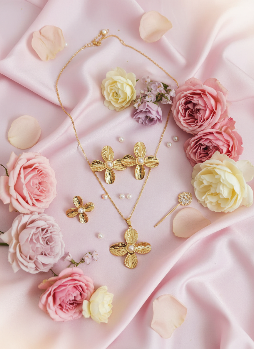 golden flower pearl pendant necklace and earrings jewelry set