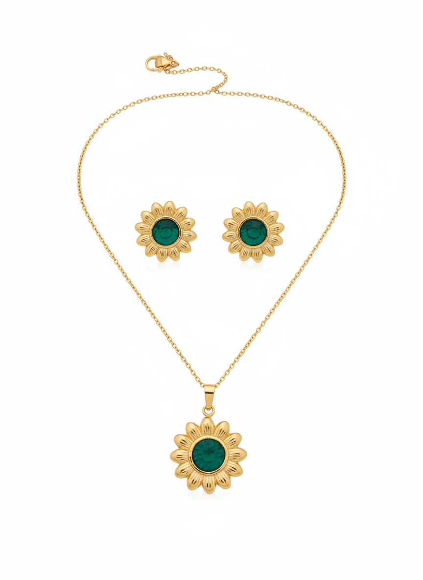 gold-toned sunflower pendant necklace and earrings set with green stone