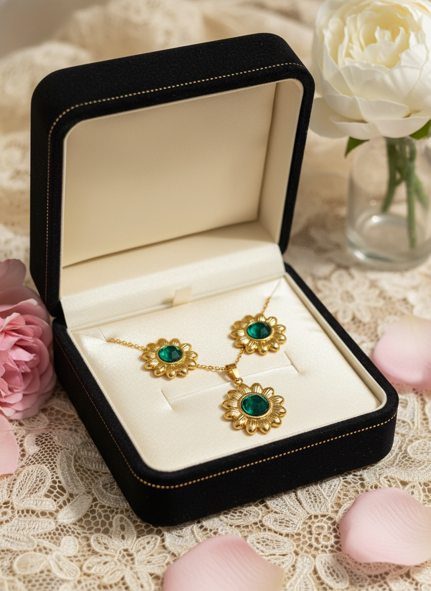 gold-toned sunflower pendant necklace and earrings set with green stone