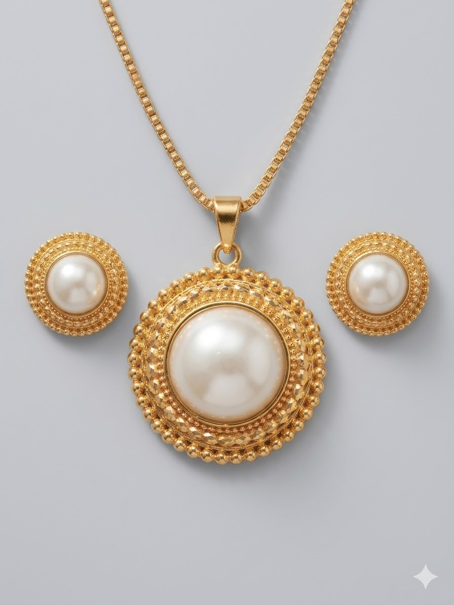 gold-plated pearl pendant necklace set with matching earrings