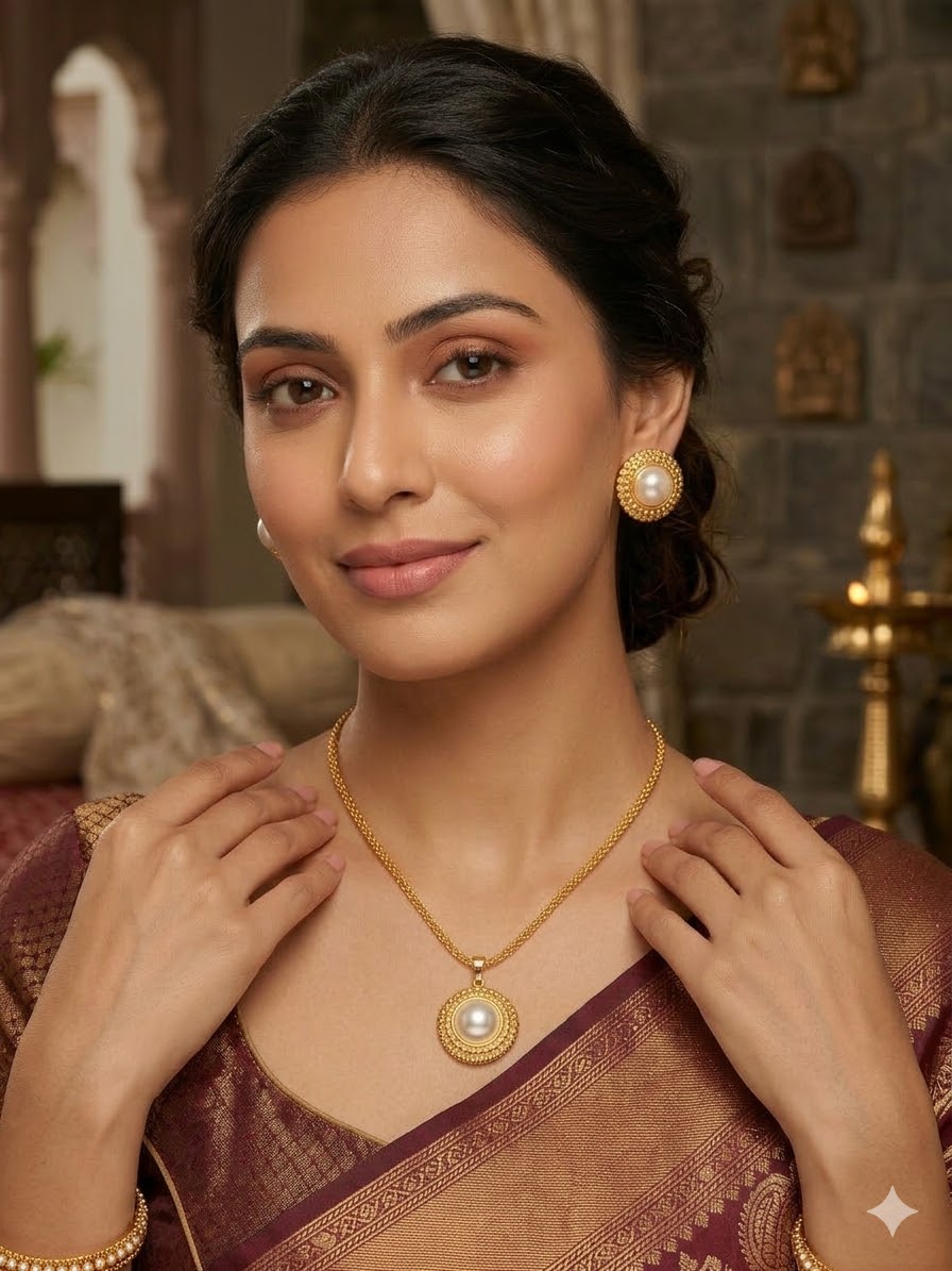 gold-plated pearl pendant necklace set with matching earrings