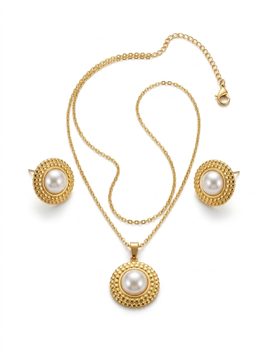 gold-plated pearl pendant necklace set with matching earrings