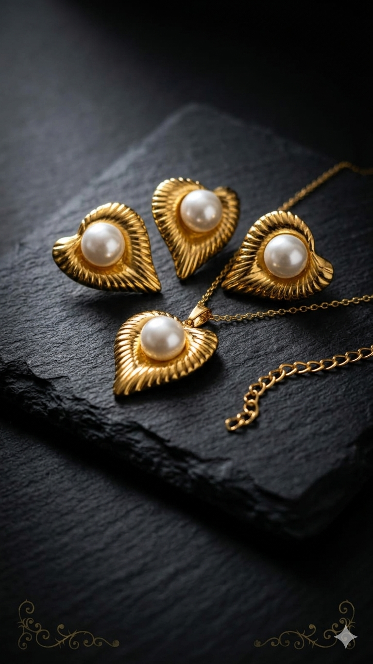 gold-toned heart-shaped pearl pendant necklace set with matching earrings