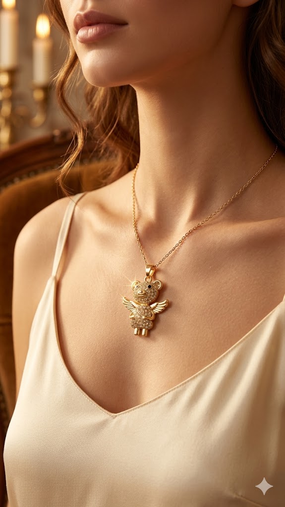 golden angel bear crystal pendant necklace
