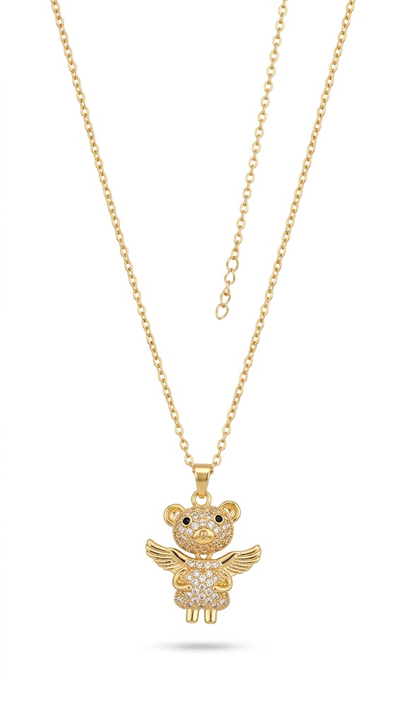 golden angel bear crystal pendant necklace