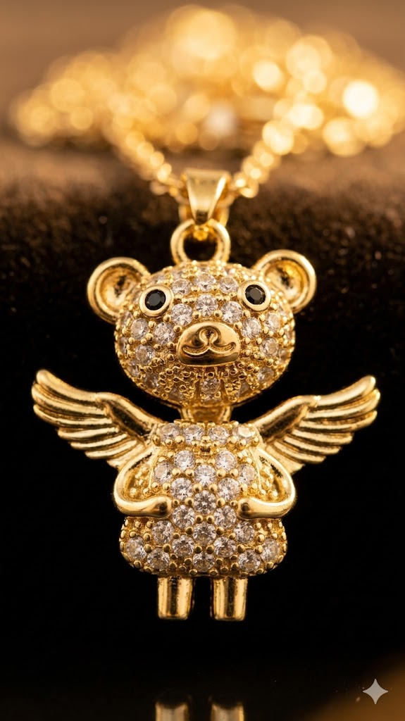 golden angel bear crystal pendant necklace