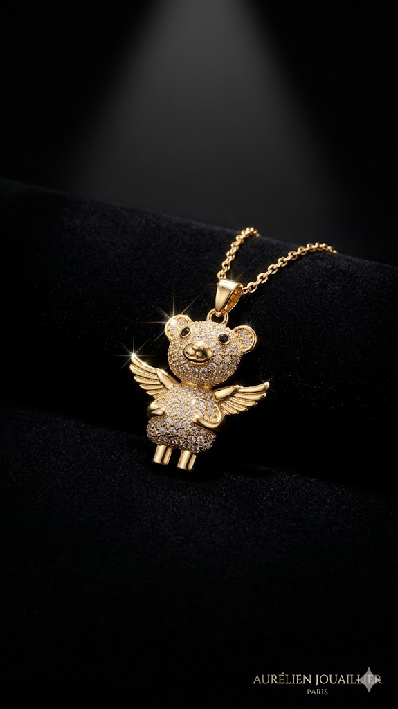 golden angel bear crystal pendant necklace